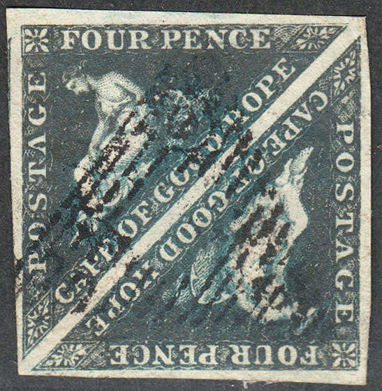 C.G.H. 1855 TRIANGULARS 4d BLUE USED PAIR, FINE MARGINS BUT COLOUR SOMEWHAT OXYDIXZED SACC 6 (?)