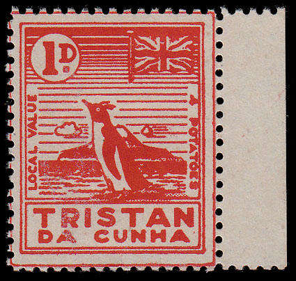 TRISTAN DA CUNHA  1949 CINDERELLA 1d RED PENGUIN POTATO STAMP VERY FINE UNUSED. NO GUM