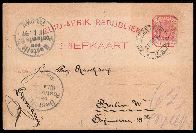 TRANSVAAL 1896 VERY RARE ZUURFONTEIN PMK ON THE LATE CRISES IN JOHANNEBURG CARD TO GERMANY