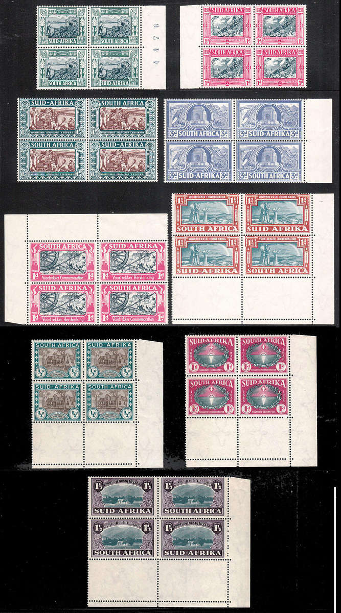 SOUTH AFRICA 1938-39 VOORTREKKERS PLUS HUGUENOT SETS IN BLOCKS OF 4 VERY FINE MNH. SACC 75-83 R6300