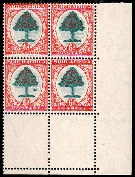 UNION 1933-48 PICT 6d GREEN AND ORANGE CORNER BLOCK SHOWING MOLEHILL FLAW VERY FINE MNH SACC 60a VAR