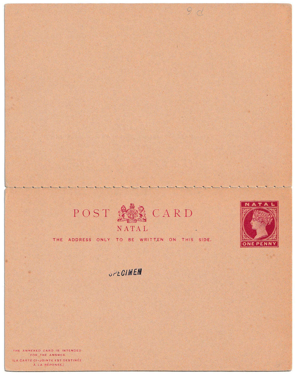 NATAL 1891 POSTAL STATIONERY 1d+1d REPLY PAID CARD COMPLETE, HANDSTAMPED SPECIMEN. VERY FINE UNUSED.