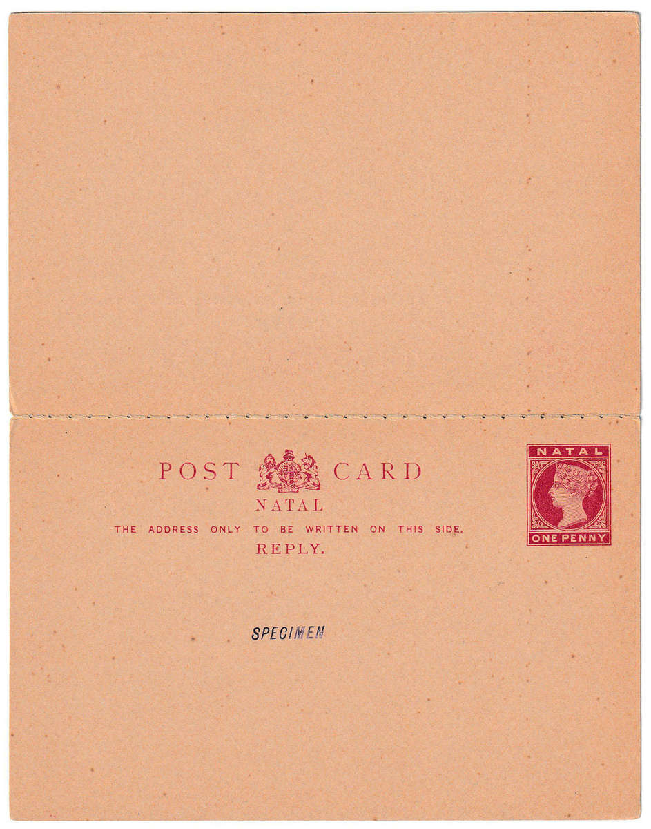 NATAL 1891 POSTAL STATIONERY 1d+1d REPLY PAID CARD COMPLETE, HANDSTAMPED SPECIMEN. VERY FINE UNUSED.