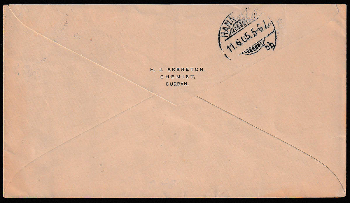 NATAL  1905 (MY 15) COVER TO GERMANY FRANKED KEVII 2d PERFORATED HJB AND ½d FROM DURBAN TO GERMANY.