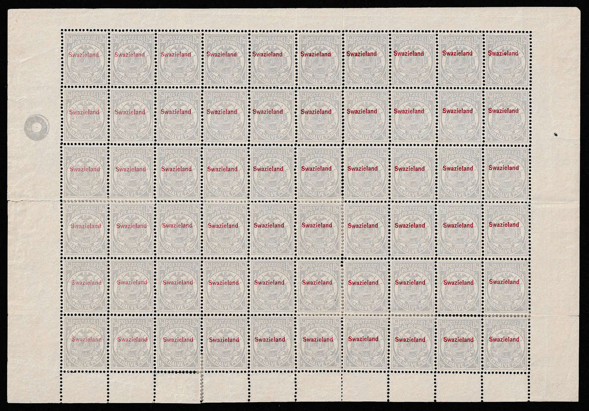TRANSVAAL 1892 OVPT SWAZIELAND IN RED FULL PANE OF 60 STAMPS MINT BUT PERFS SPLITTING. SACC 9 R21000
