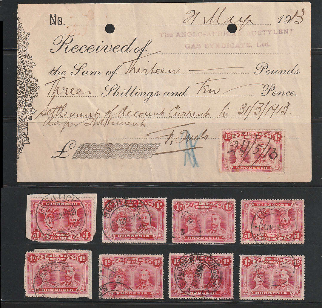 RHODESIA 1910 DOUBLE HEADS, 1d SELECTION OF 8 USED PLUS A FISCAL ON RECEIPT. SEE DESCRIPTION