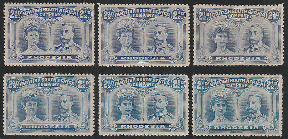 RHODESIA 1910 DOUBLE HEADS, 2½d SELECTION OF SHADES INCL PERF 15 AND 13½ MOSTLY LMM