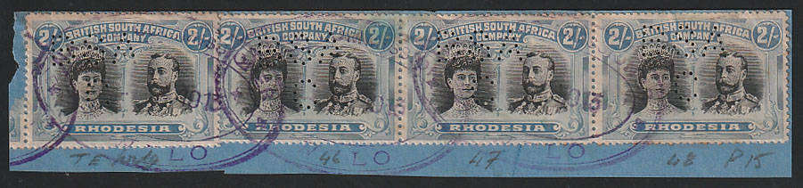 RHODESIA 1910 DOUBLE HEADS 2s PERF 15 STRIP OF 3 PLUS SINGLE FISCALLY USED ON PIECE. SACC 178 VAR