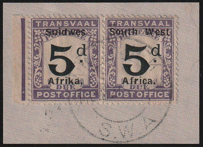 SWA 1927 POSTAGE DUES 5d TRANSVAAL BLACK AND VIOLET PAIR VERY FINE USED PAIR ON PIECE. SACC D37