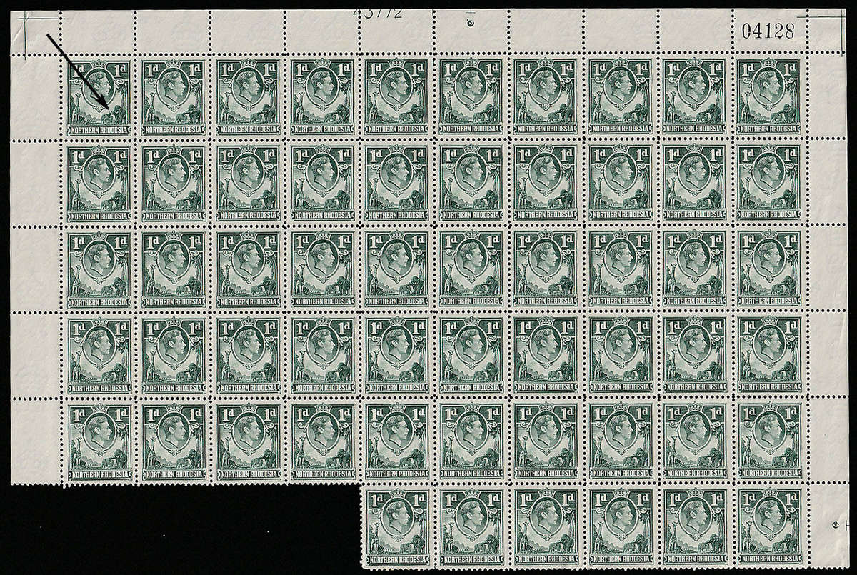 NORTHERN RHODESIA 1938 KGVI 1d GREEN WITH PLATE AND SHEET NUMBERS MARGIN BLOCK OF 56  VERY FINE MNH.