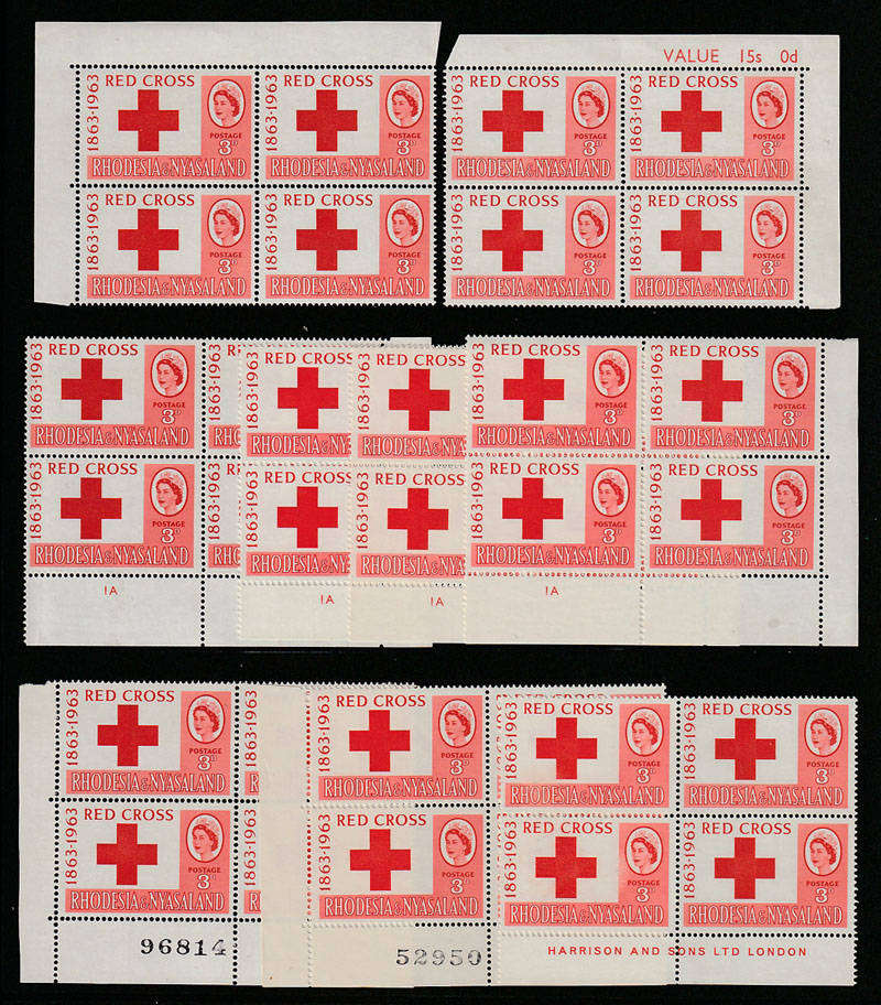RHODESIA & NYASALAND 1963 RED CROSS SELECTION OF CORNER BLOCKS PLUS IMPRINT BLOCK VERY FINE MNH