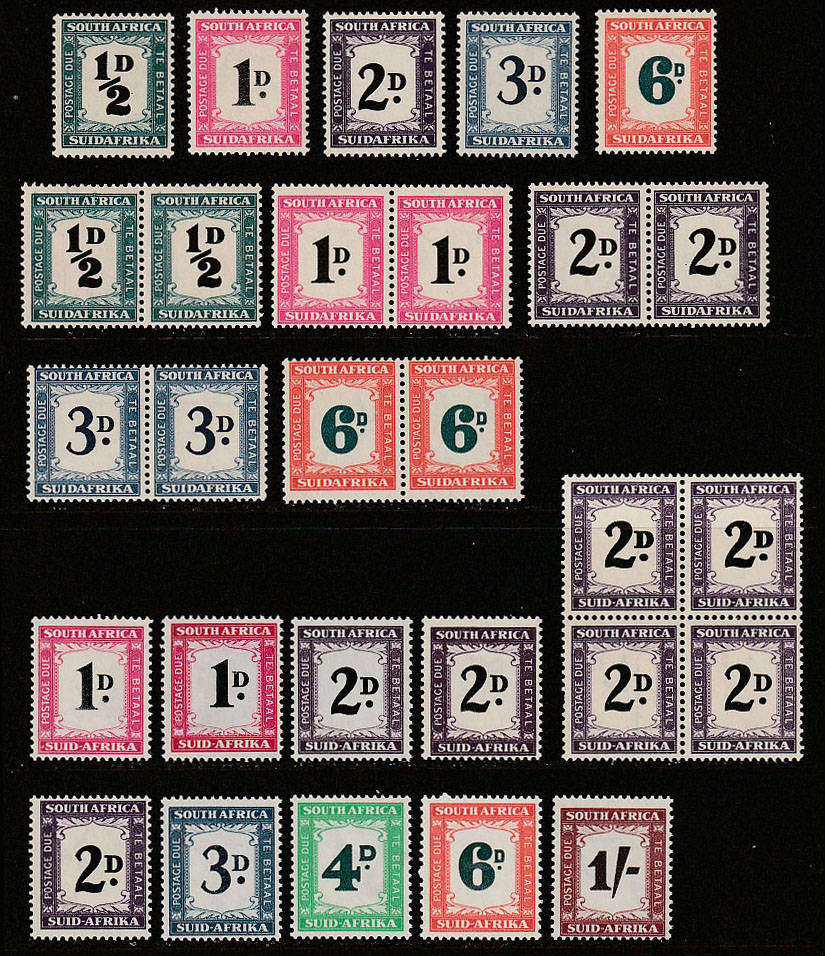 UNION 1948-58 POST DUES COMPL RANGE INCL 1948 SET ALSO IN PAIRS, 1950 2d WITH THICK D BLOCK MNH