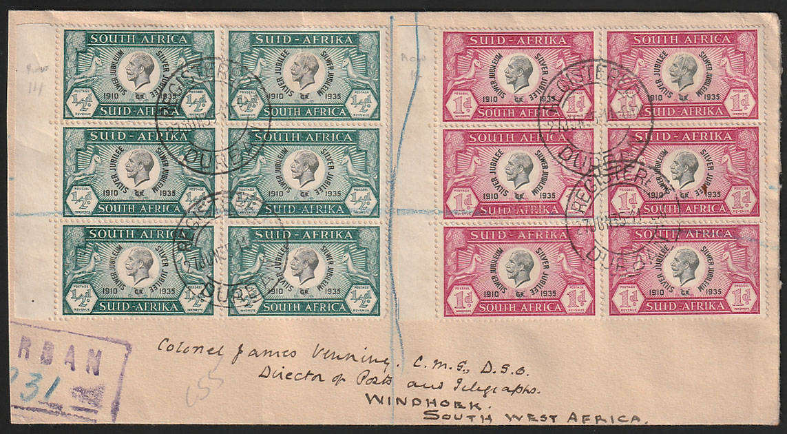 UNION 1935 SILVER JUBILEE ½d AND 1d BLOCKS OF 6 WITH VARIETIES ON COVER DURBAN-WINDHOEK. SEE BELOW