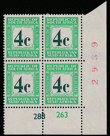 RSA 1962 POSTAGE DUES COAT OF ARMS WMK 4c CONTROL 288 63 CORNER BLOCK VERY FINE MNH SACC 52A