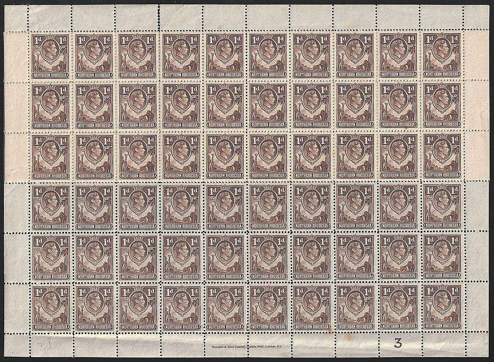 NORTHERN RHODESIA 1938 KGVI 1d BROWN PLATE 3 COMPLETE SHEET OF 120 MNH. SEE DESCRIPTION