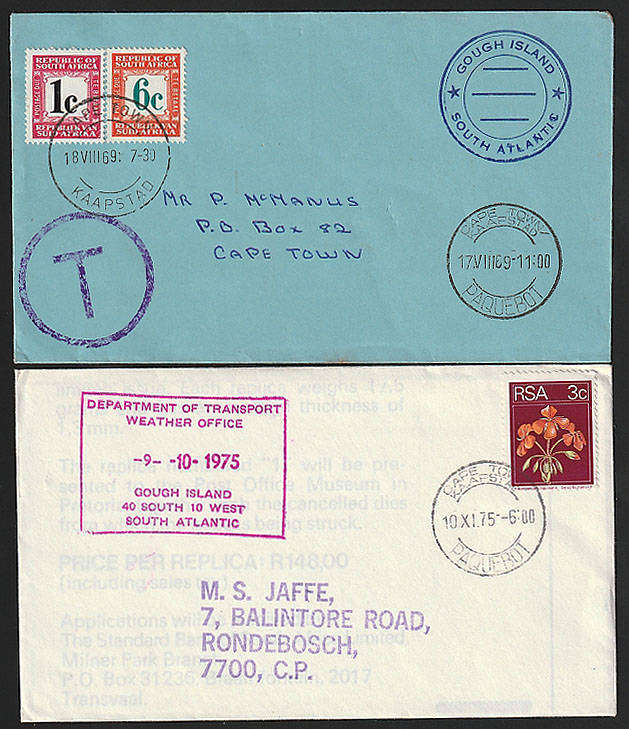 SOUTH AFRICA 1969/75 COUGH ISLANDS 2 COVERS TO THE CAPE 1 WITH COUGH ISLANDS CACHET, OTHER WITH 3c