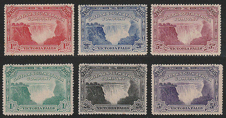 RHODESIA BSAC 1905 VICTORIA FALLS SET 6 VALUES FINE MINT. 2s6 PERF FAULT AT BOTTOM SACC 89-94