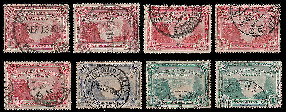 RHODESIA BSAC 1905 VICTORIA FALLS VARIOUS VALUES USED WITH FEW GOOD POSTMARKS. CAT R1400