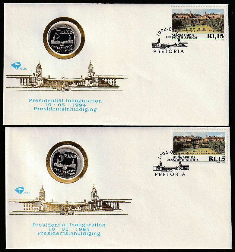 SOUTH AFRICA 1994 PRESIDENT MANDELA INAUGURATION TWO COVERS WITH R5 COINS. VERY FINE