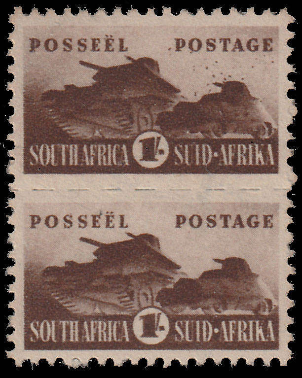 UNION 1942 SMALL WAR EFFORT 1s TANKS UNIT, BURSTING SHELL VAR TOP STAMP. VERY FINE MNH. SACC 102a