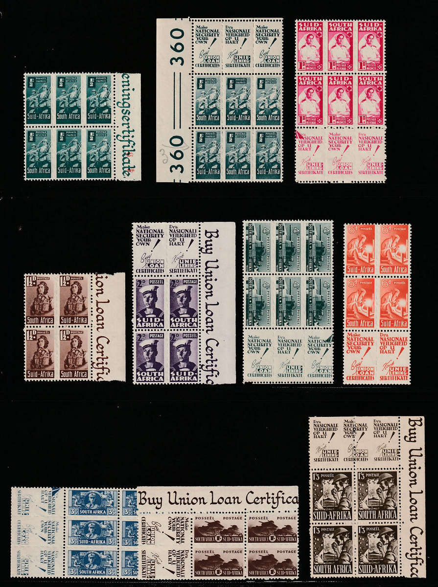 UNION 1942 SMALL WAR EFFORT SET PLUS 1s3d SIGNALLER IN SLOGAN MARGINAL BLOCKS V F MNH SACC 95- 103a