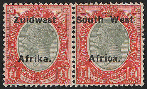 SOUTH WEST AFRICA 1924 KGV TYPE VIa £1 PALE OLIVE-GREEN AND RED PAIR FINE LMM. SACC63a CAT R16000