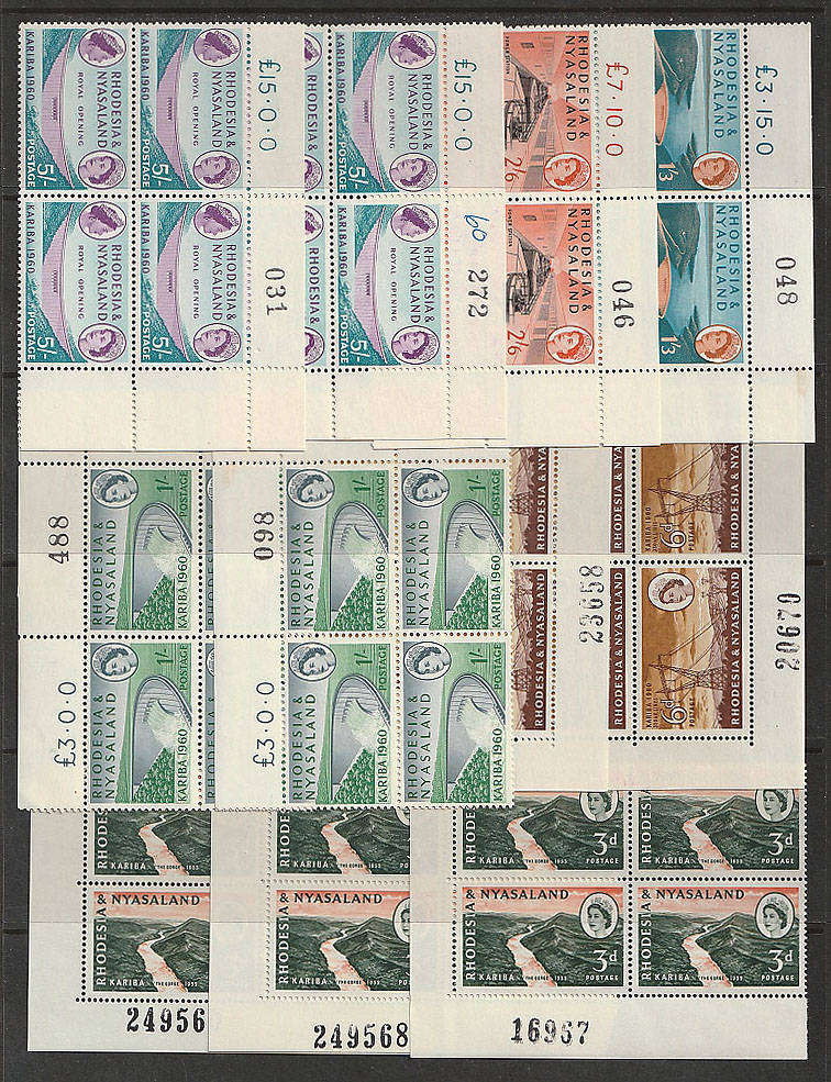 RHODESIA AND NYASALAND 1960 KARIBA DAM SET IN SHEET # CORNER BLOCKS WITH DUPL. VERY FINE MNH