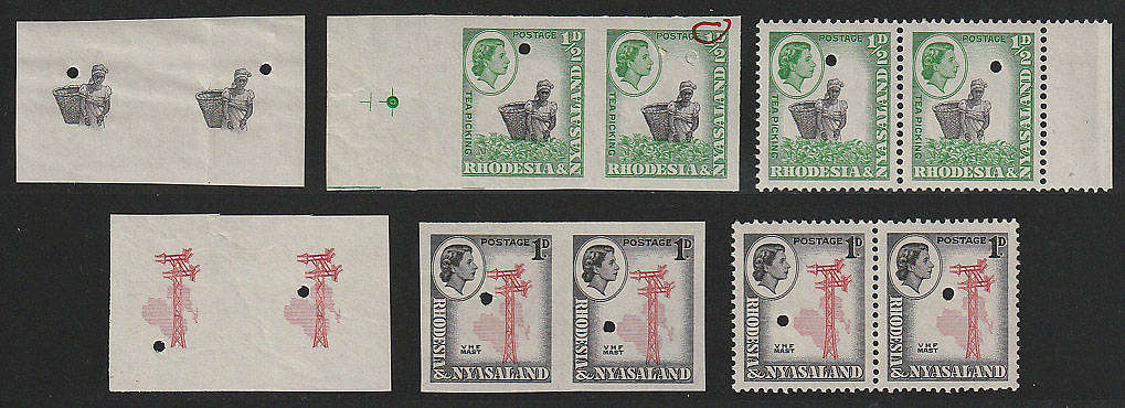RHODESIA AND NYASALAND 1959 DEFINS ½d AND 1d SELECTION OF PLATE PROOFS IN PAIRS ALL MNH. SEE SCAN