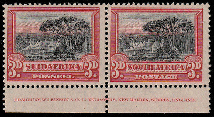 UNION 1927 LONDON PRTGS 3d PERF 14 X 13½ DOWN IMPRINT PAIR VERY FINE MINT. SACC 34a R4500