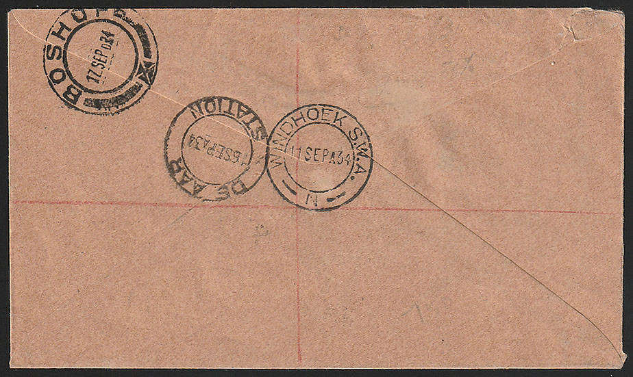 S W A 1934 COVER WITH 1931 AIRMAILS SET IN PAIRS ON REGIST COVER FROM WINDHOEK TO BOSHOF O.F.S.