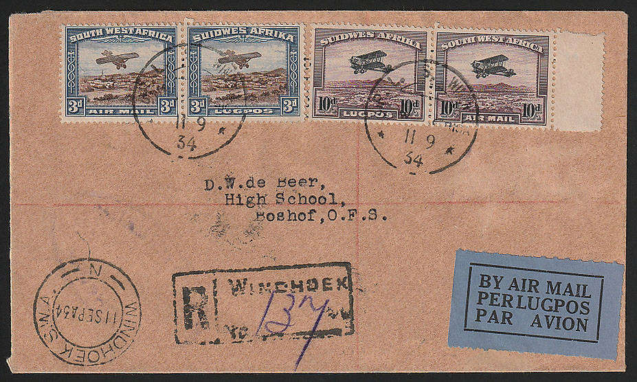 S W A 1934 COVER WITH 1931 AIRMAILS SET IN PAIRS ON REGIST COVER FROM WINDHOEK TO BOSHOF O.F.S.