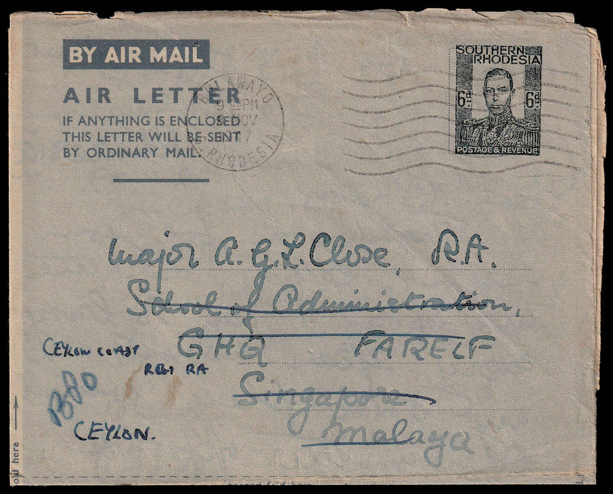 Southern Rhodesia 1947 THE VERY SCARCE 6d EMERGENCY AIR LETTER FROM BULAWAYO TO SINGAPORE AND CEYLON