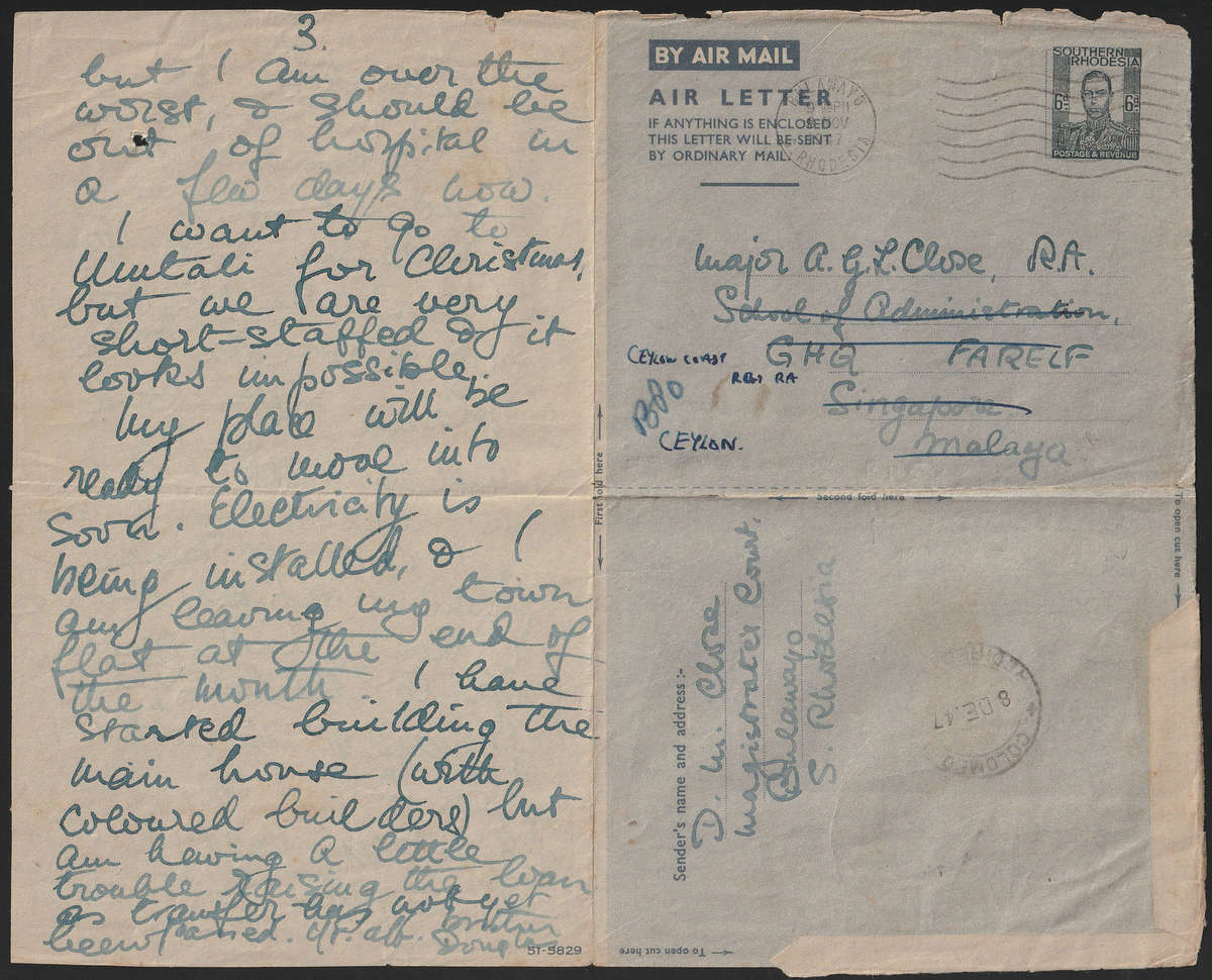 Southern Rhodesia 1947 THE VERY SCARCE 6d EMERGENCY AIR LETTER FROM BULAWAYO TO SINGAPORE AND CEYLON