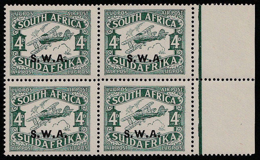 SWA 1931 AIRMAIL 4d 3rd PRTG BLOCK OF 4 WITH SHORT "I" IN AIR ON 1ST STAMP. VERY FINE MNH. SACC 99c