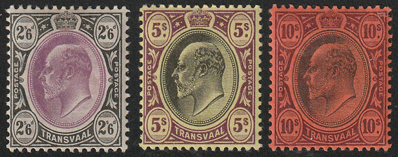 Transvaal 1904 KEVII 2s6d 5s and 10s fine LMM. SACC 275-277.