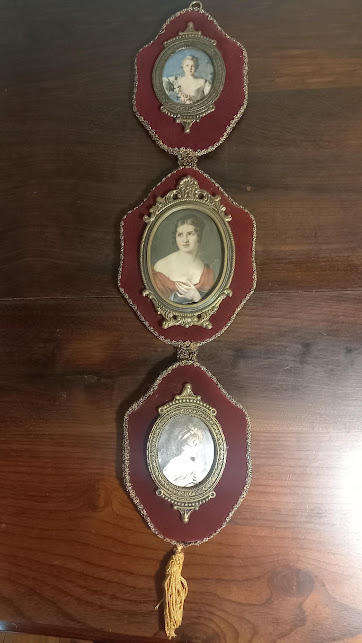 VINTAGE WALL HANGING - 3 SMALL POTRAITS ON VELVET