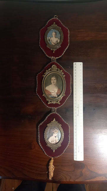 VINTAGE WALL HANGING - 3 SMALL POTRAITS ON VELVET