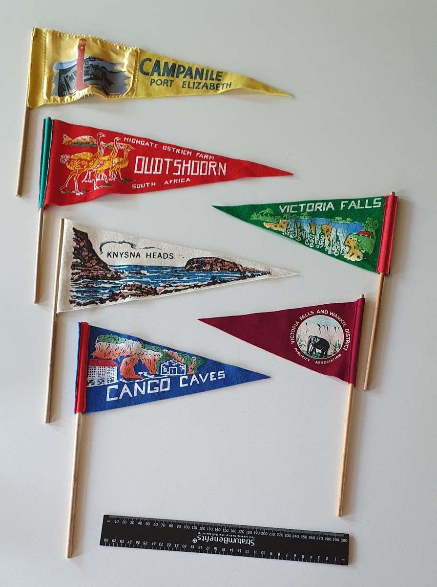 6x Vintage landmark memorabilia flags as per photo