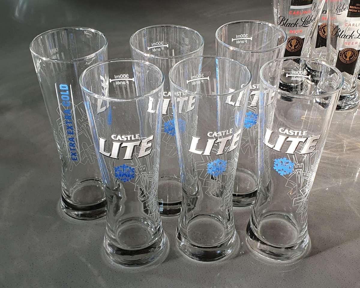 Set of 6 x 300ml CASTLE LITE BEER GLASSES as per photos