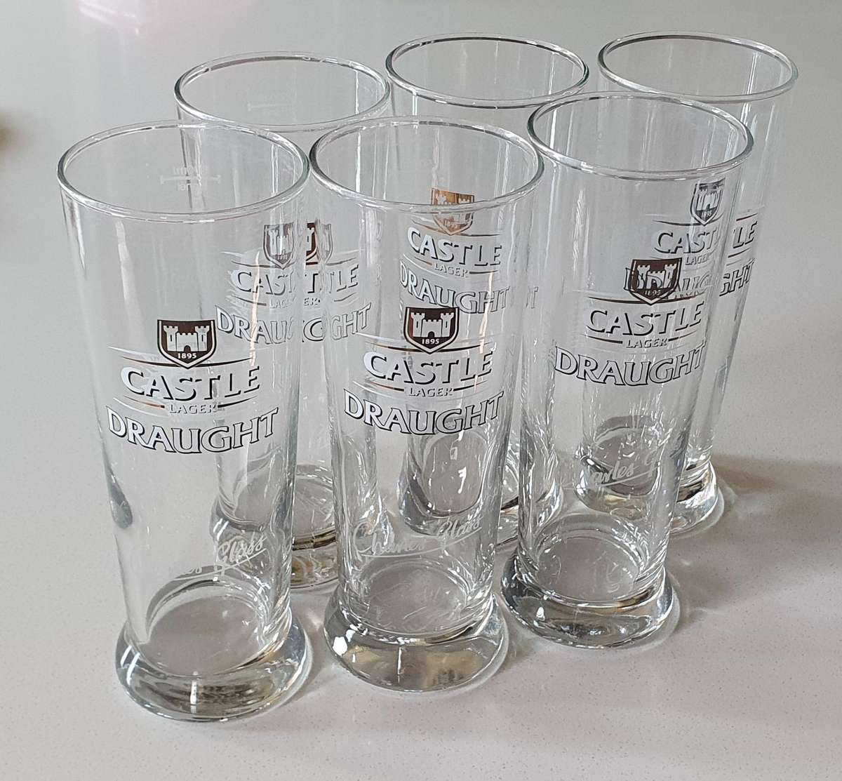 Set of 6 x 500ml CASTLE LAGER DRAUGHT BEER GLASSES as per photos