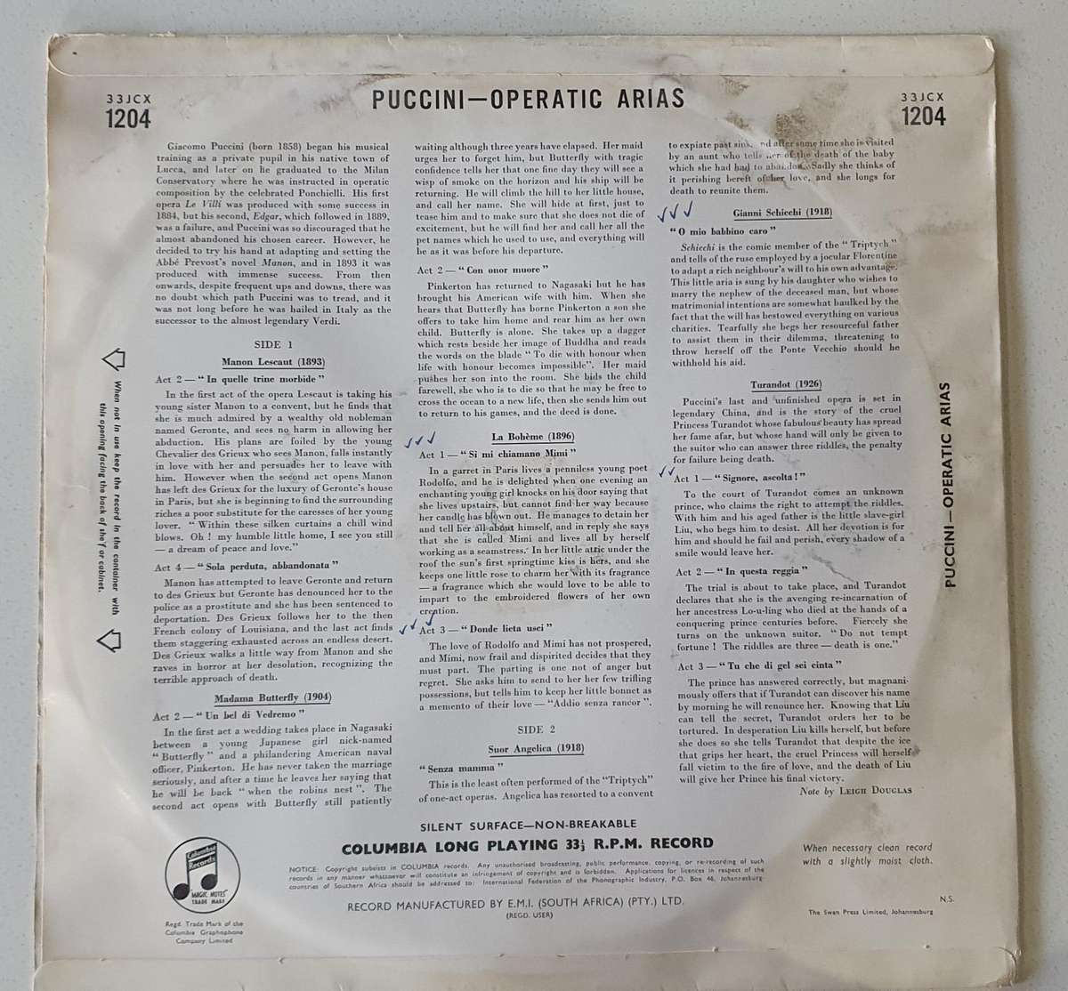 MARIA MENEGHINI CALLAS sings Operatic Arias by Puccini - vintage vinyl LP as per photo