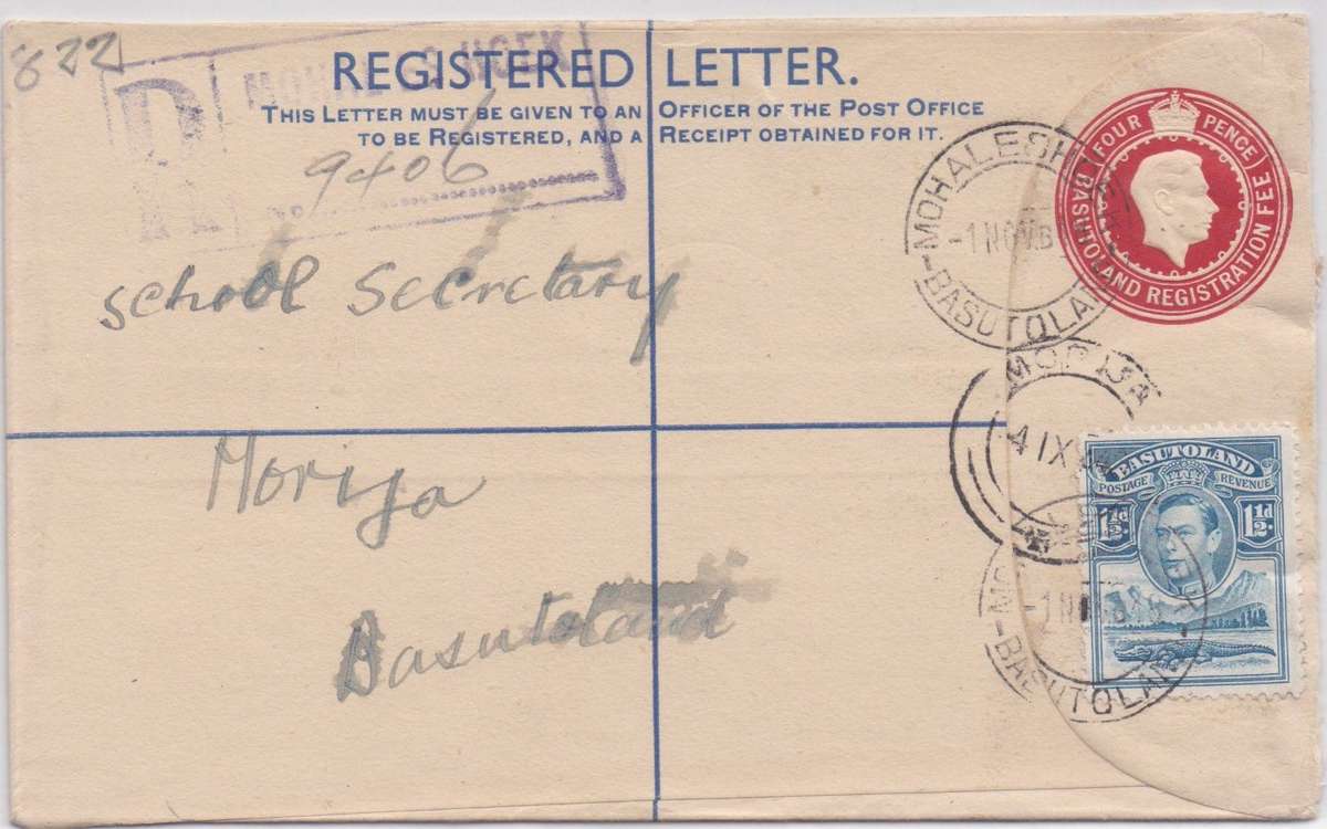 Basutoland 1948 KGVI 4d Registered envelope uprated with 1 1/2d Mohaleshoek to Morija very fine