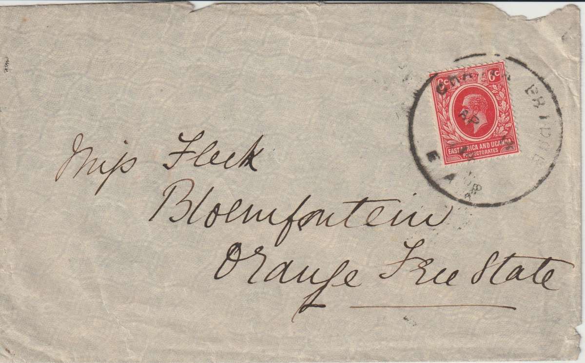 Kenya Uganda Tanganyika 1914 EAP KGV 6c on Chanai Bridge cover to Bloemfontein