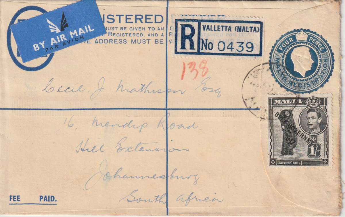 Malta 1949 KGVI 4d Registered Postal Stationary envelope from Valetta to SA