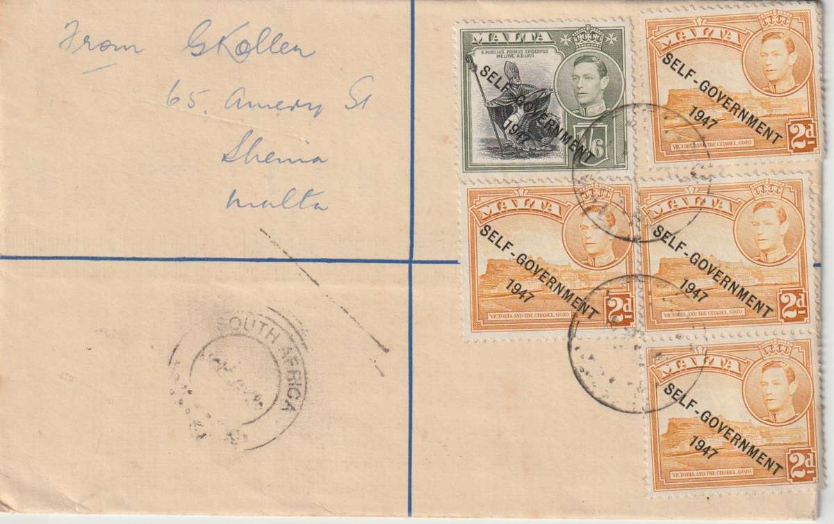 Malta 1949 KGVI 4d Registered Postal Stationary envelope from Valetta to SA