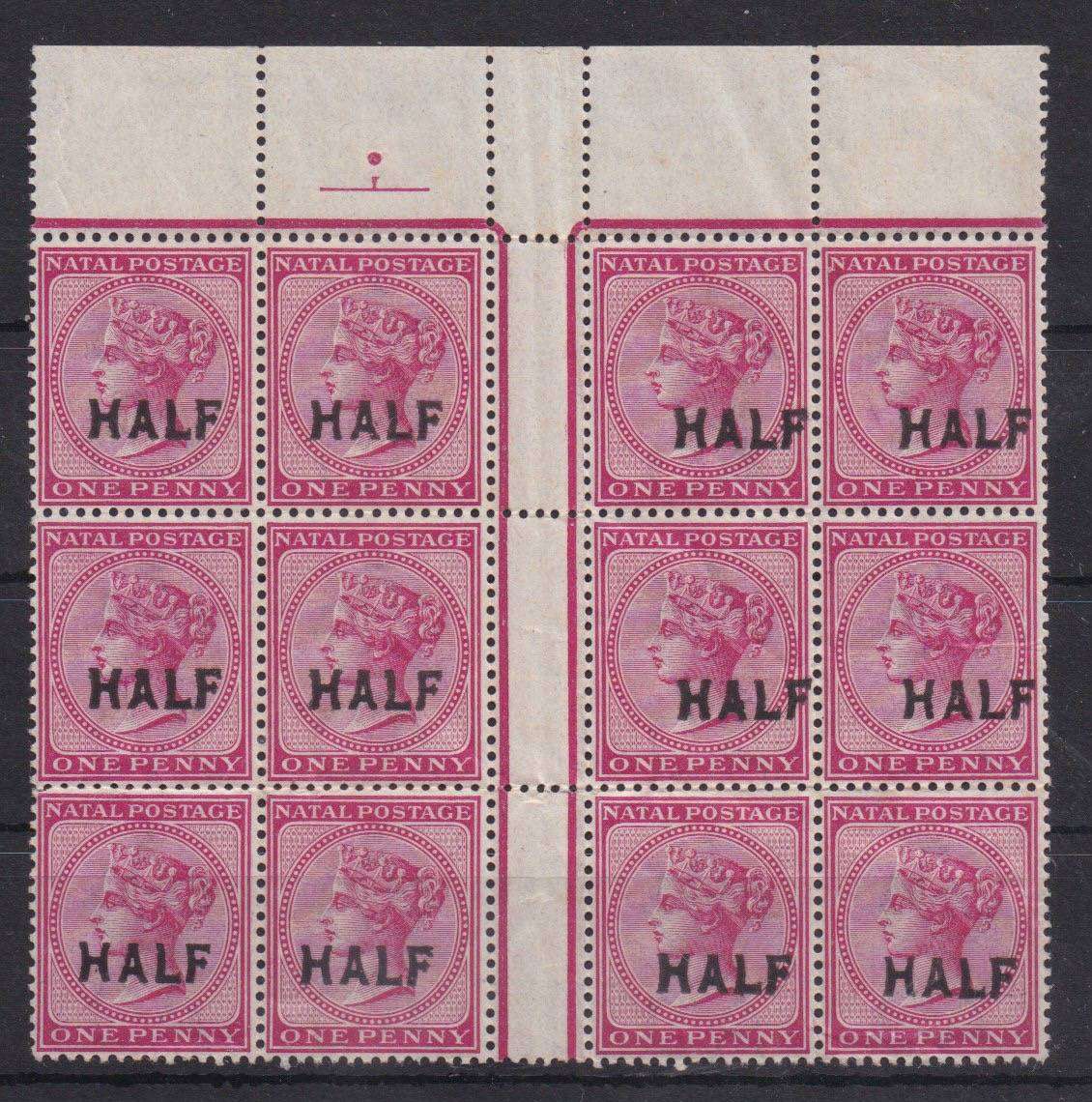 Natal 1895 QV HALF  on 1d interpanneau gutter block of 12 very fine unmounted