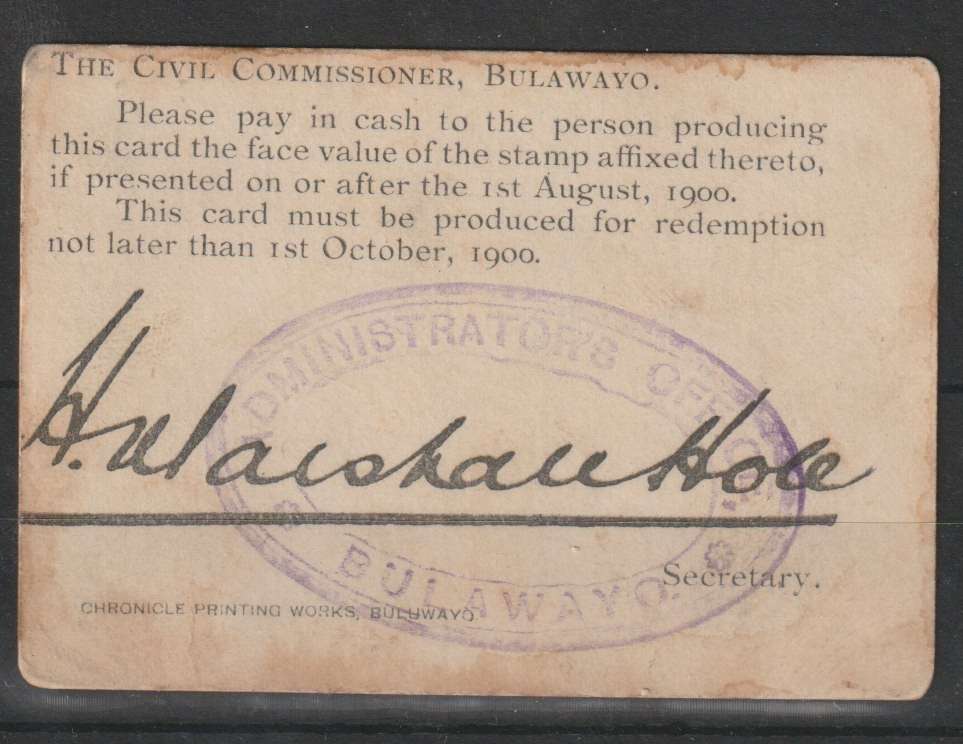 Rhodesia BSAC 1900 Marshal Hole Currency Card 1s small arms