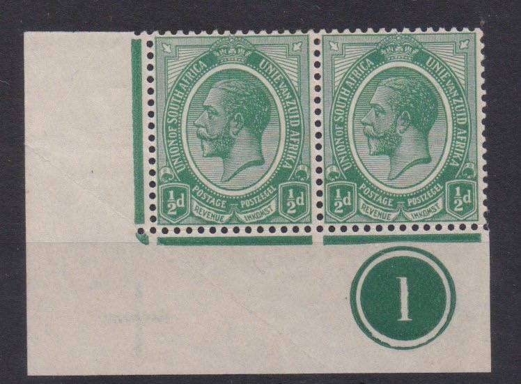 South Africa 1913 KGV 1/2d control 1 bottom left pair fine mint