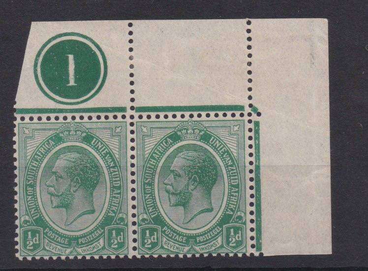 South Africa 1913 KGV 1/2d control 1 top right pair fine mint