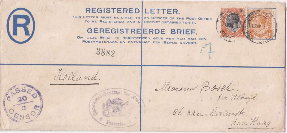 South Africa 1919 KGV 4d reg envelope with 3d & 1s Netherlands Consulate from Sunny Side Pretoria